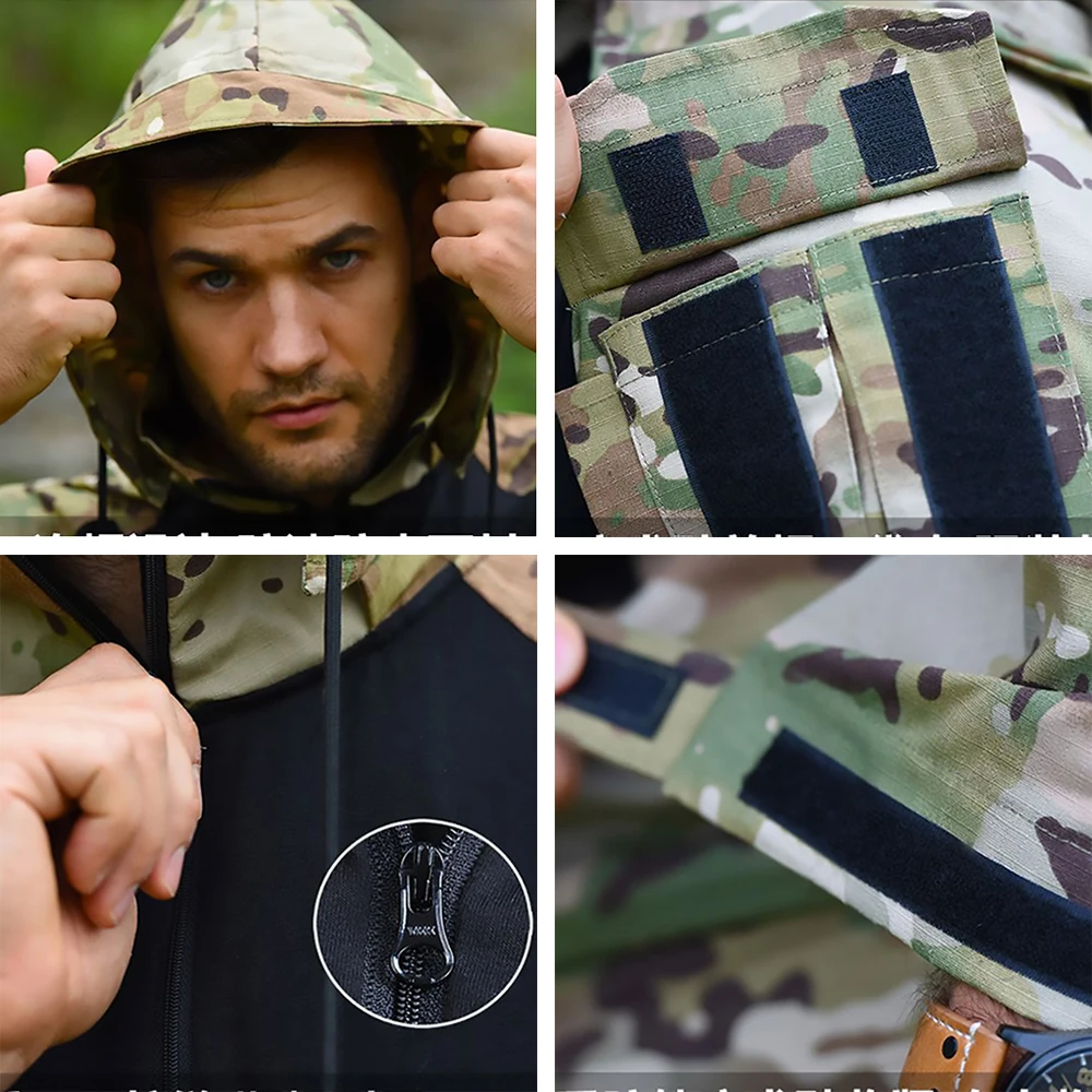 Камуфляжные тактические мужские летние футболки с коротким рукавом капюшоном