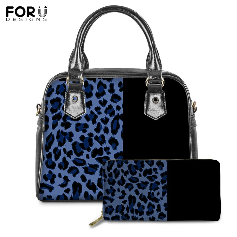 

FORUDESIGNS Blue Beautiful Leopard Print Ladies Tote Bag Shoulder Bags with Zipper Wallet Ladies Gift 2pcs Messenger Bag Wallets