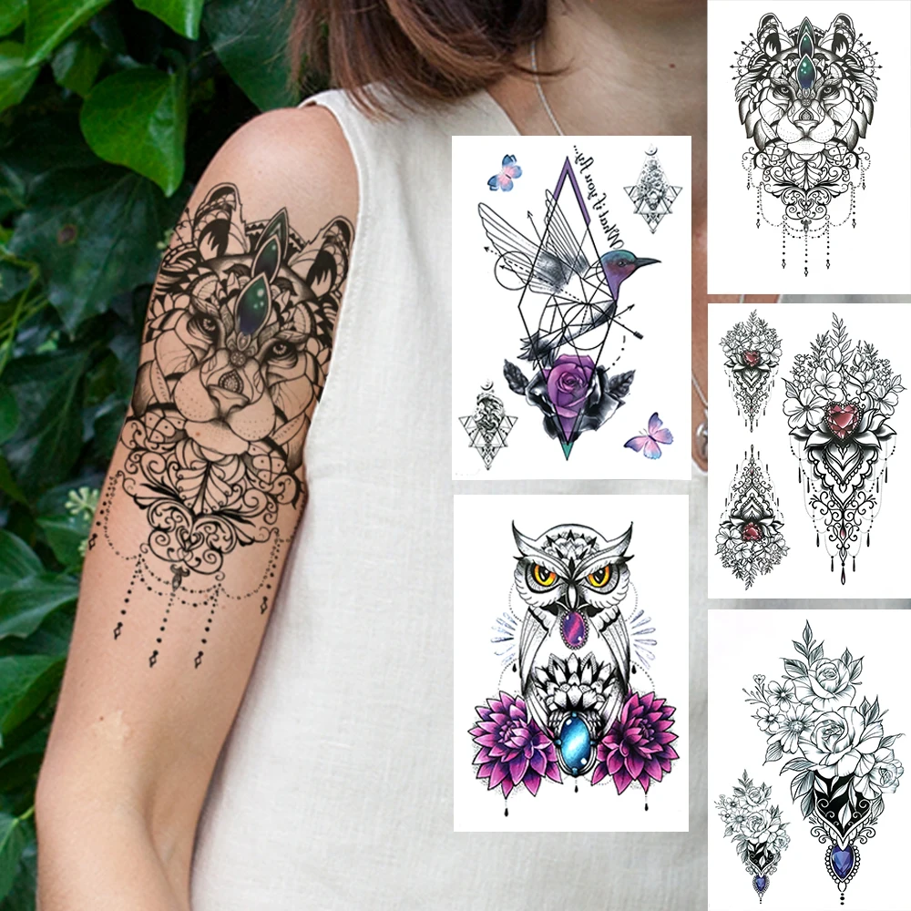 

Wolf Owl Temporary Tattoos Sticker For Women Men Adults Hummingbirds Geometry Flower Tattoo Fake Diamond Body Art Tatoos Decor