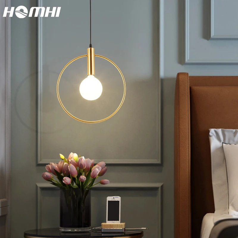 Gold Lamp Pendant Lights Hanglamp Loft Ring Round Luminaire Suspension Bedroom Bedside Nordic Design Home Living Room HPD-040