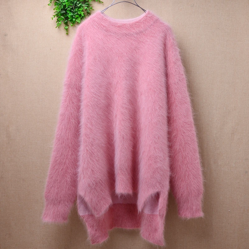 

female women winter thick warm sweet pink hairy mink cashmere knitted loose pullover angora rabbit fur jumper sweater dress pull