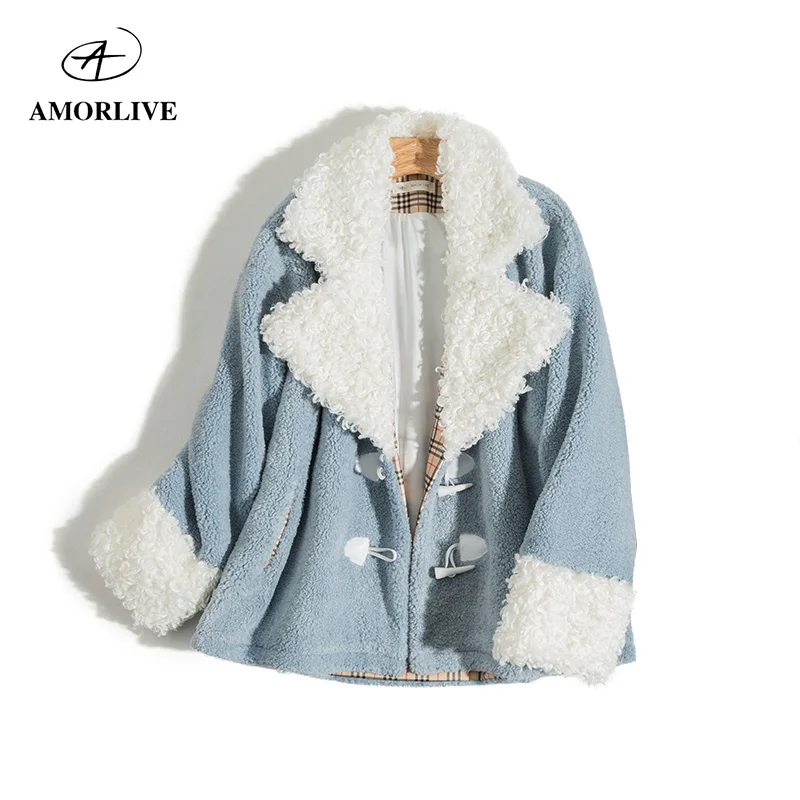 

AMOR LIVE Elegant Lamb Wool Splice Jacket Light Blue Oversize Thick Coat For Woman High Quality Winter Warm Female Coat пальто