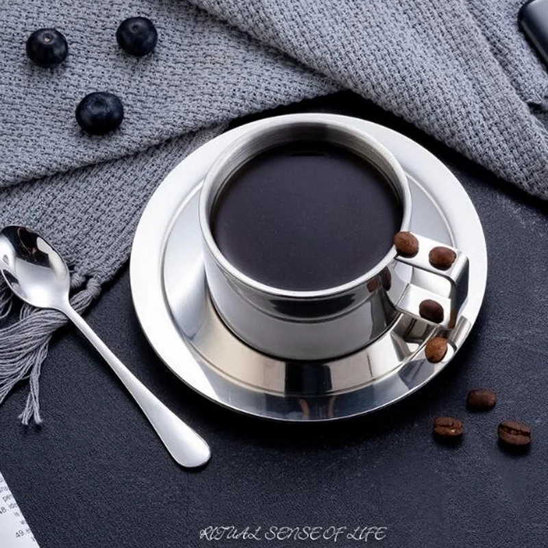 

304 Stainless Steel Coffee Cup Set Saucer Spoon Double Layer Accompanying Cup Garland Cup Milk Tea Cup