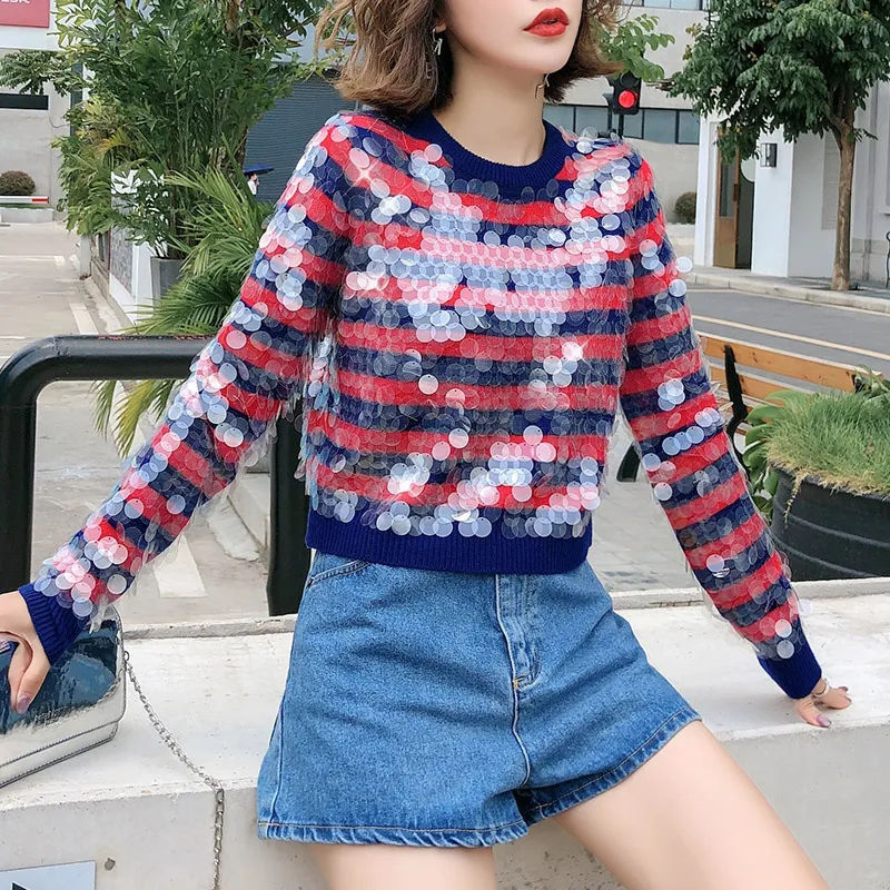 

Женский укороченный свитер, роскошные полосатые свитера и пуловеры с блестками, вязаные топы на осень и зиму, укороченные джемперы