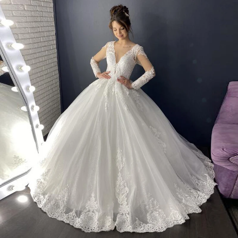 

Lover Kiss Vestido De Noiva Ball Gown Wedding Dresses 2021 Long Sleeve Lace V-Neck Bridal Gowns Bride Dress Robe de Mariage