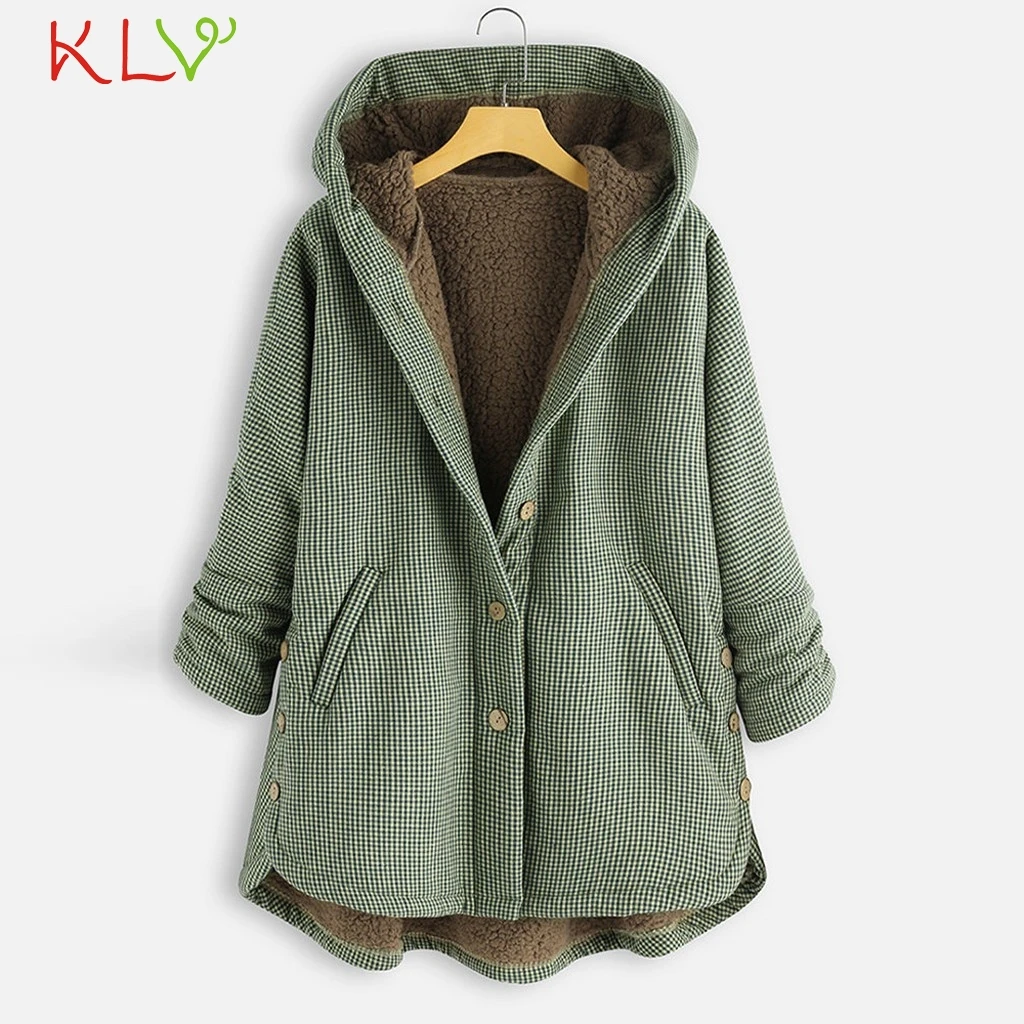 Женская куртка винтажная клетчатая зимняя с капюшоном и пуговицами теплая парка