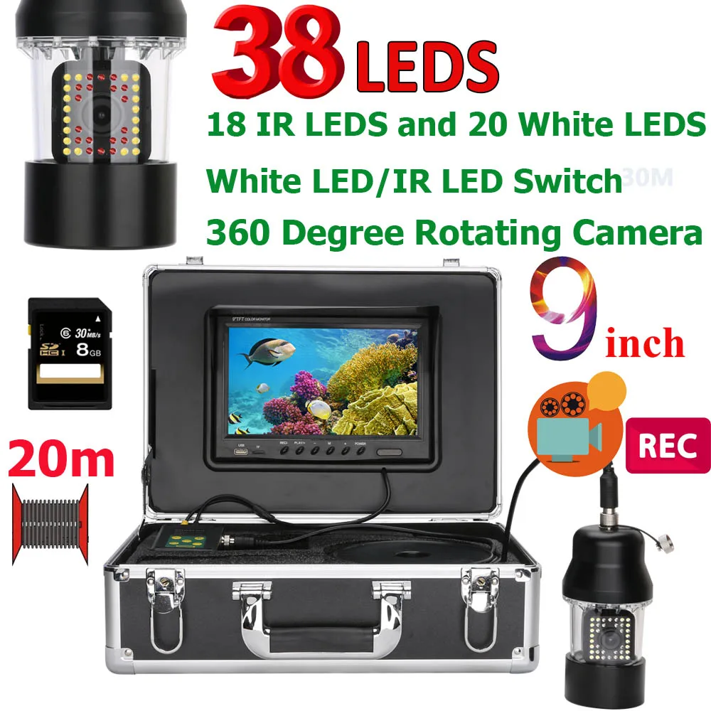 

9 Inch DVR Recorder 20m 50m 100m Underwater Fishing Video Camera Fish Finder IP68 Waterproof 38 LEDs 360 Degree Rotating Camera