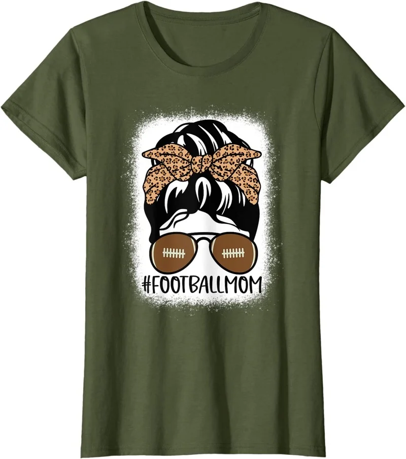 

Bleached Football Mom Life With Leopard and Messy Bun Player T-Shirt Short Sleeve Cotton Polyester T Shirts Female Camisetas