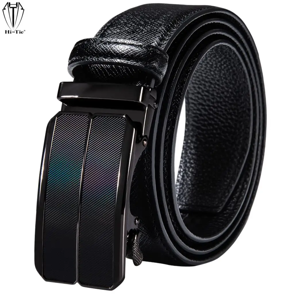 

Мужской ремень из натуральной кожи Hi-Tie, черный пояс с автоматической пряжкой и трещоткой, мужской джинсовый костюм, свадебный бизнес