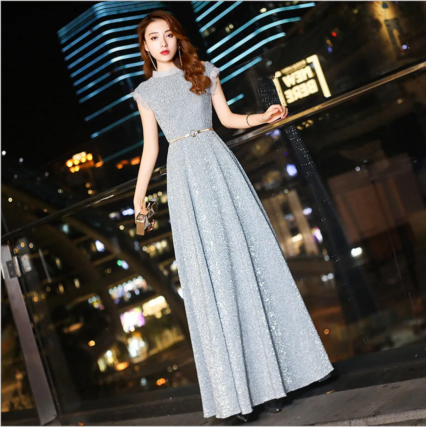 Серебряное роскошное плиссированное платье с блестками для молодой леди, вечернее платье с круглым вырезом и кружевом, сексуальное новое платье для выпускного вечера