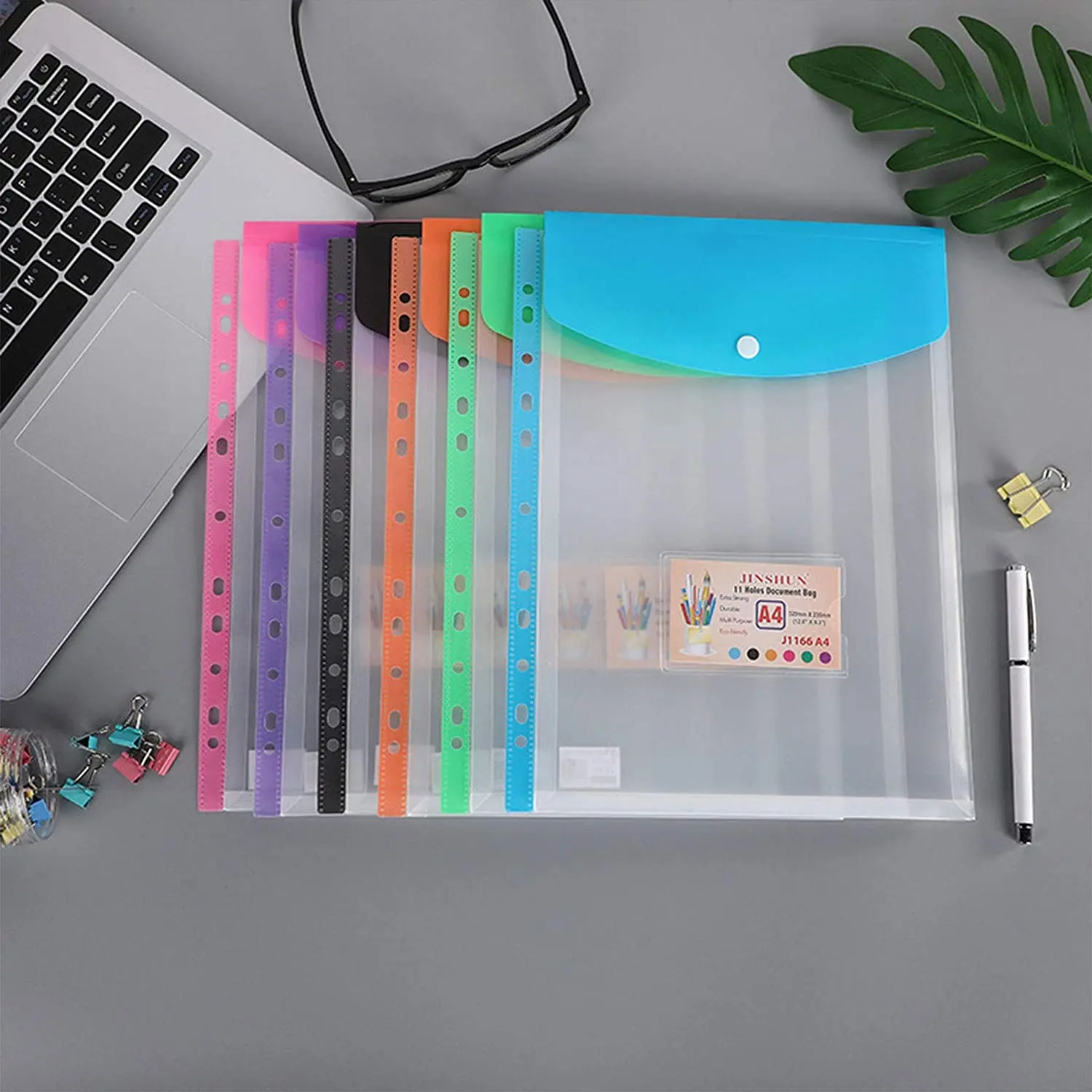 A4 Clear Plastic Punched Pockets with Button Closure for Home Office and School Files 11 Hole Binder Envelopes Folders Organizer |