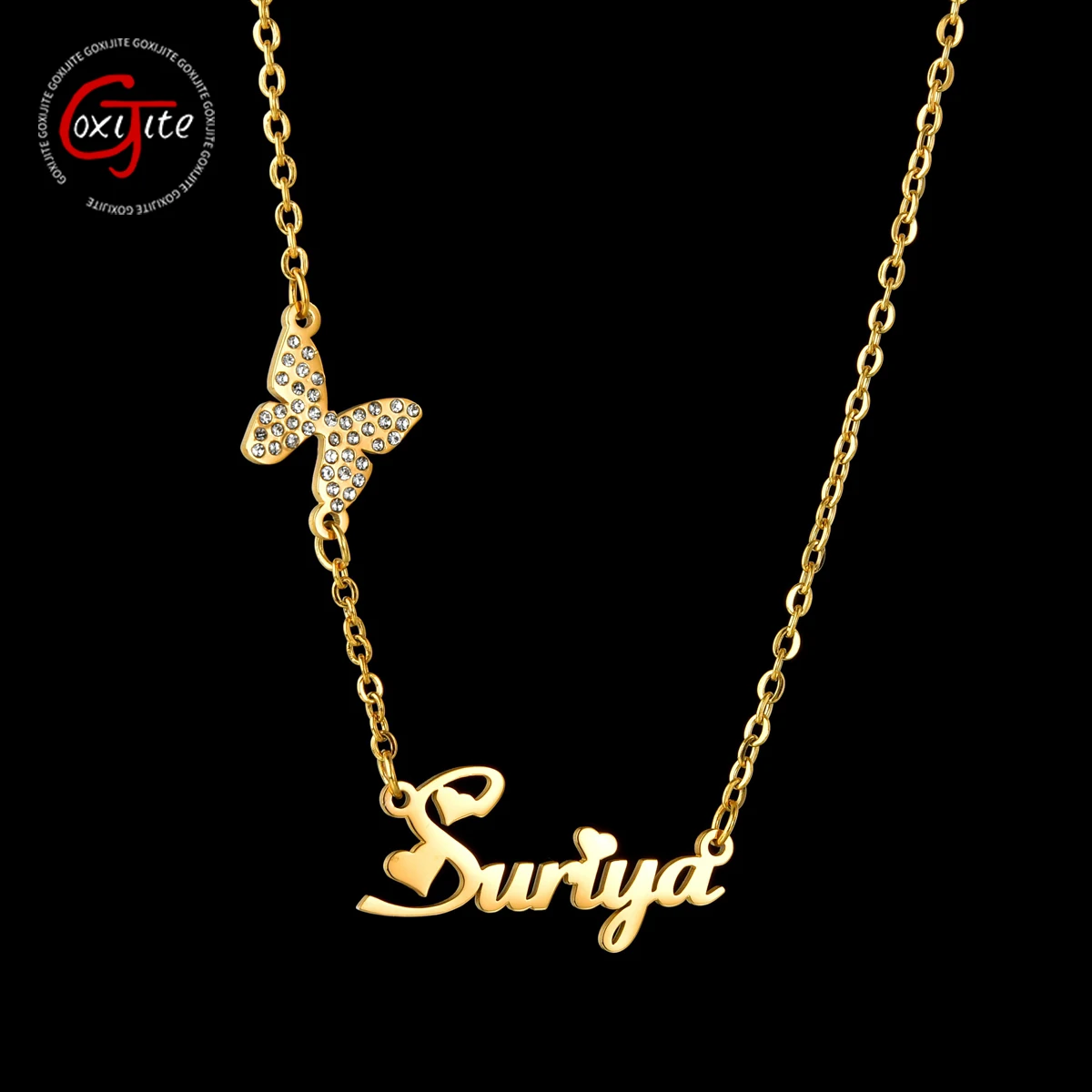 Goxijite 2020 Custom Name Zircon Necklace For Women Stainless Steel Butterfly Letter Nameplate Choker Necklaces Jewelry Gift