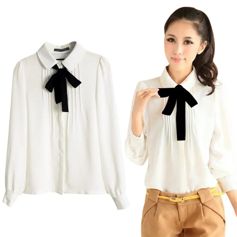 

Simple Women's Shirt Solid Color Bow Tie Lapel Blouses College Style All-Match Tops Long Sleeve Cute Fashion Casual Camisa