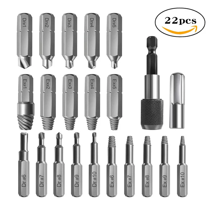 

22pcs Damaged Screw Extractor Remover Drill Bit Set Disassemble Screws Bolt Stud Slip Teeth Demolish Stripped Broken Remover Too