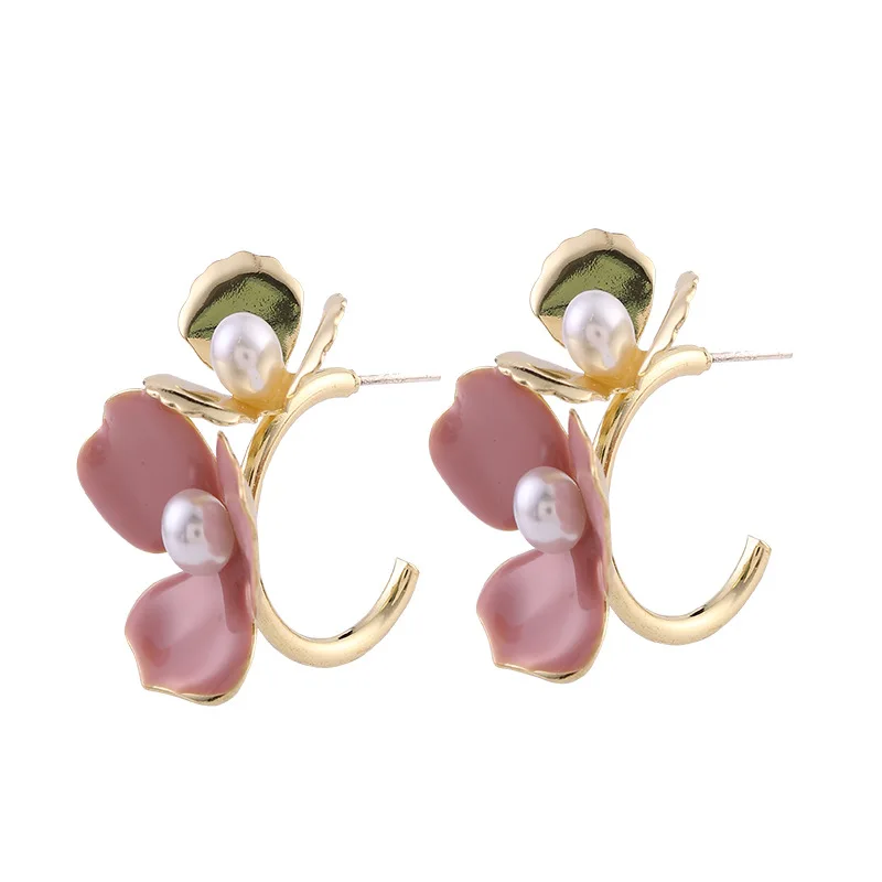

Simple Enamel Pearl Flower Hoop Earrings For Women 2020 New Chic Sweet Round Circle Earrings Wedding Party Jewelry Bijoux