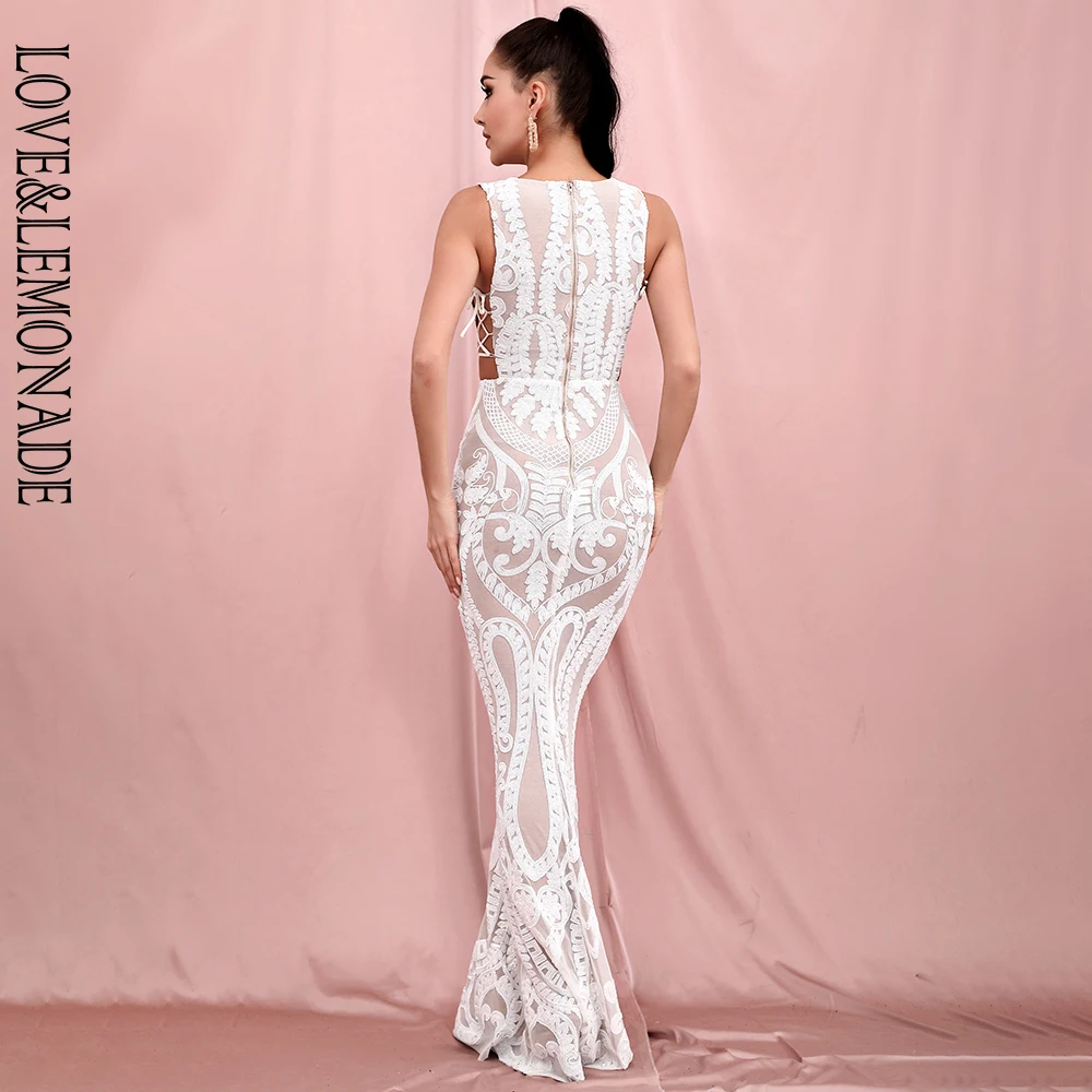 

LOVE&LEMONADE Sexy Deep V-Neck Side Cut Out Lace White Geometric Sequin Bodycon Dinner Party Maxi Dress LM82308