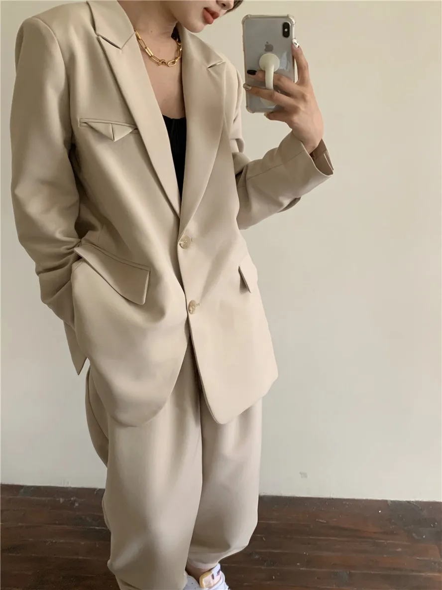 

2 Piece Set Women Tracksuit Casual Vintage Pants Suits 2021 Spring Office Suit jacket Ladies Business Sets Korean New