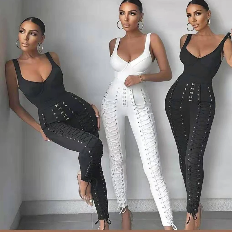 Free Shipping Wholesale New Rompers Black White V-Neck Sexy Bandage 2-Piece Set Celebrity Party Bandage Jumpsuits