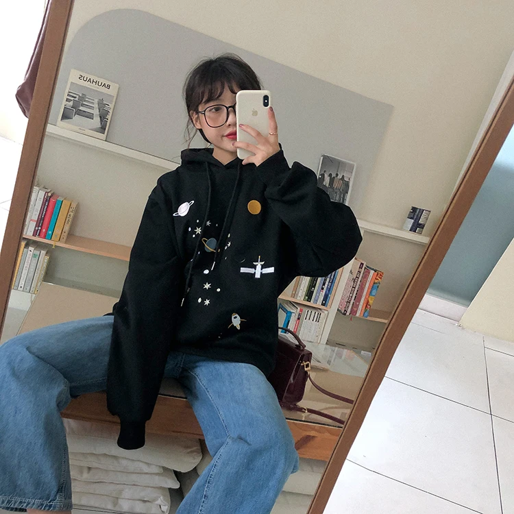 Mooirue для женщин Свободные толстовки звезда дирижабль вышитые Harajuku утолщаются пуловер Повседневная Уличная корейский стиль толстовка