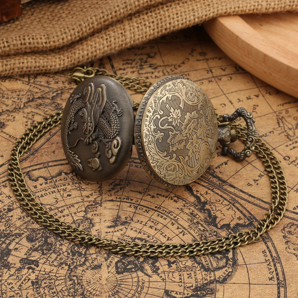 

Antique Bronze Ancient Dragon Quartz Pocket Watch Classic Carved Pattern Retro Pendant Wearing Thin Chain Neutral