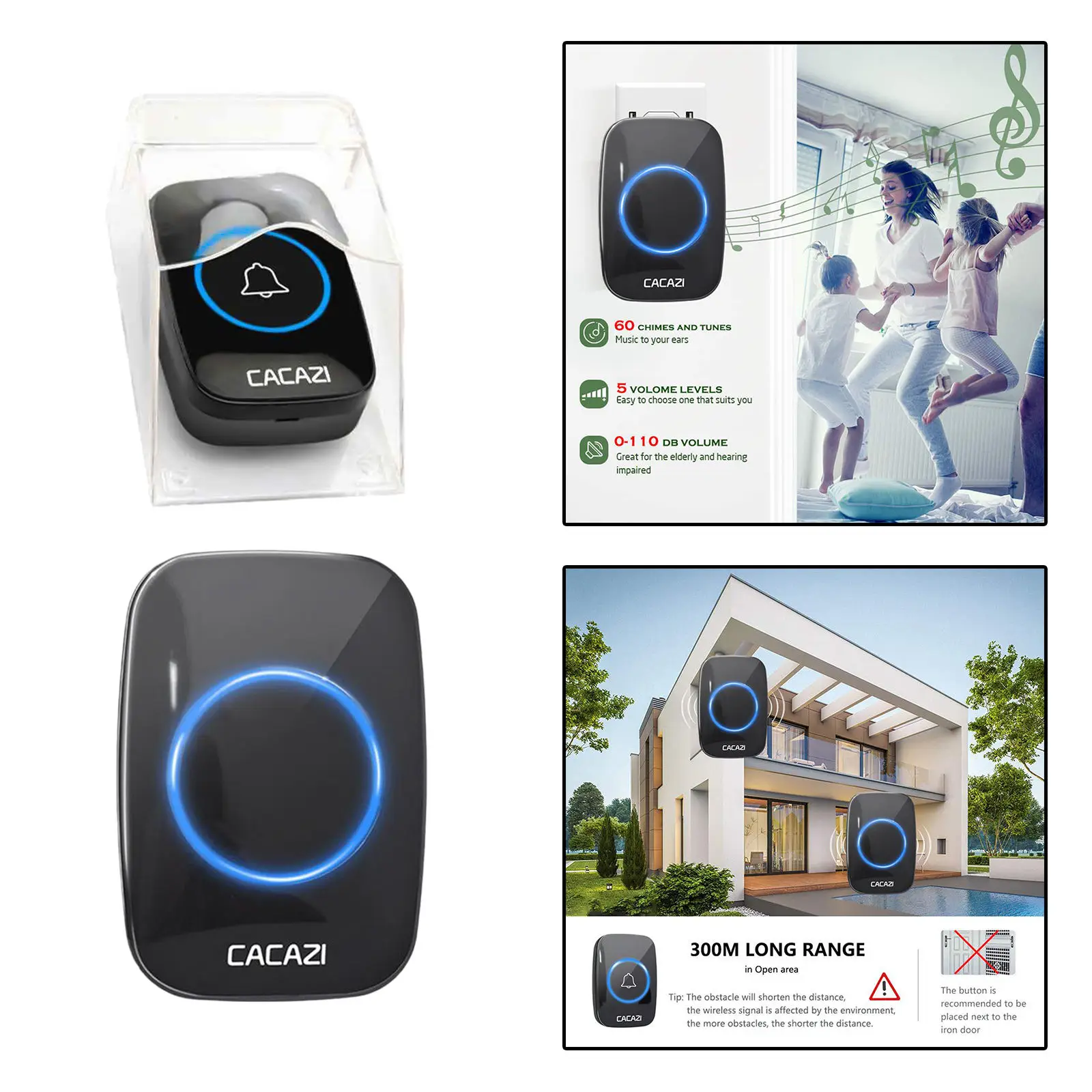 

Wireless Waterproof Doorbell EU Plug 300M Range Home Intelligent Door Bell Chime 5 Volume Levels 60 Chimes