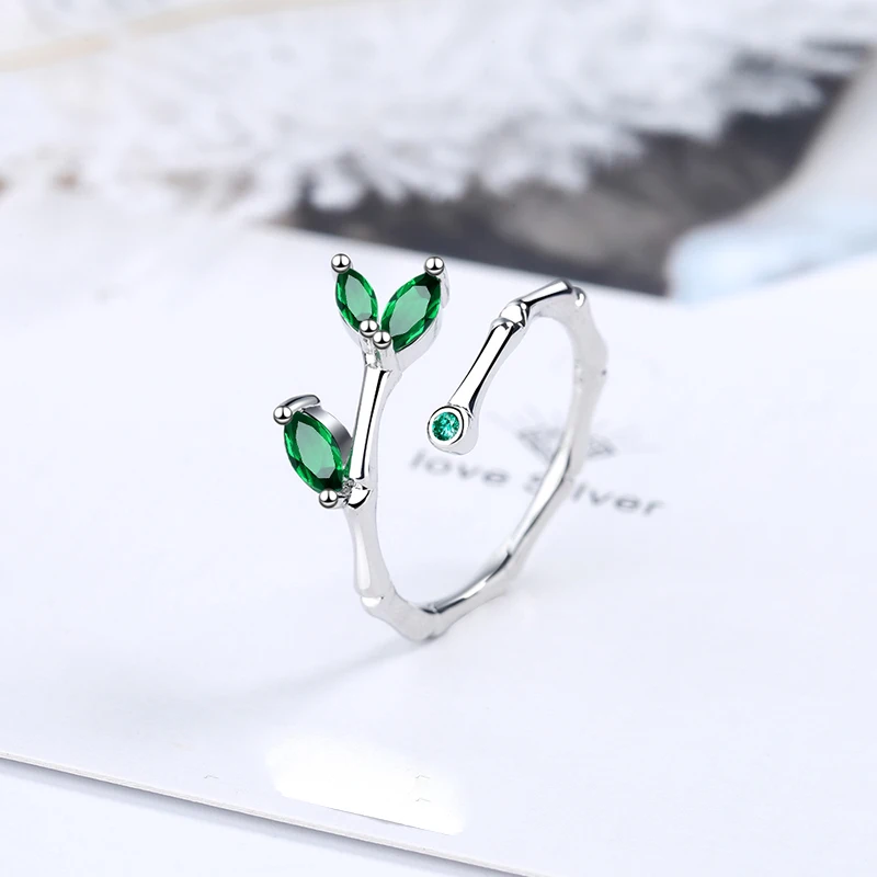 

New Fashion Elegant Simple Style Finger Rings Bamboo Plant Design Green Crystal Zircon Female Opening Ring Band Cute Small Gifts