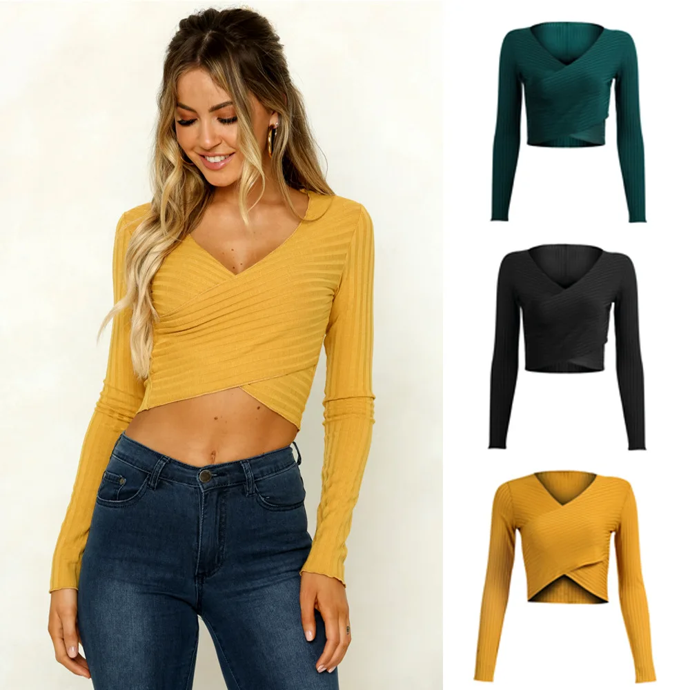 

Pure Color Knitted Cross Short Top Deep V Slim Long Sleeve Base Shirt Temperament Top Women Sexy Tops long sleeve tops women