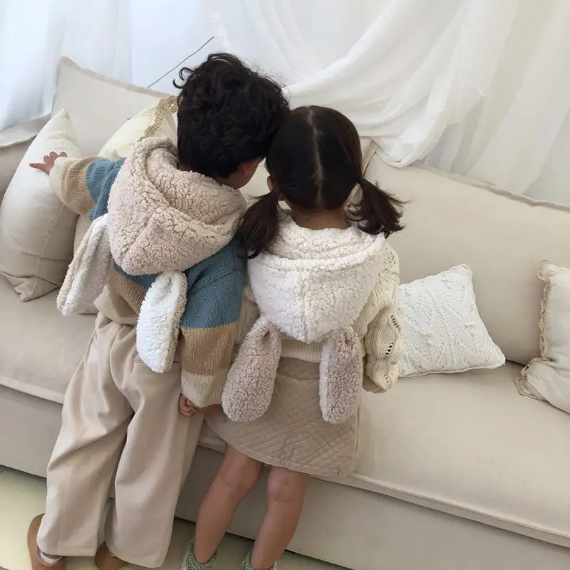 Дети девочка мальчик зима милый кролик длинное ухо флис ягненка плюшевая теплая шапка шарф набор