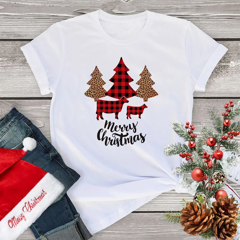 

Christmas Tree T Shirts Christmas Santa Claus Shirt Snowman Print Cartoon 2022 Shirts Women Happy New Year Holiday Fashion