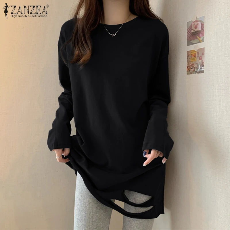 

Loose O-Neck Solid Hole Chemise Holiday Fashion Casual Street Oversized Tops ZANZEA Autumn Woman irregular Full Sleeve Blouse