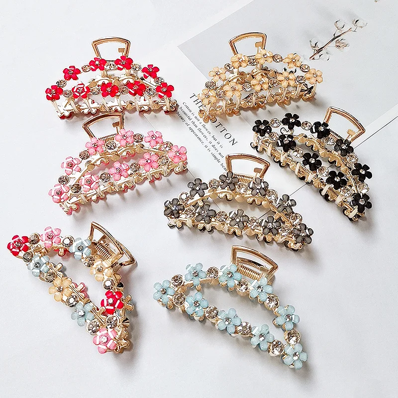 

New Fashion Metal Large Grip Clip Colored Flowers Rhinestone Hairpin Pan Hair Claw For Women Girl Hair Accessories Headdress