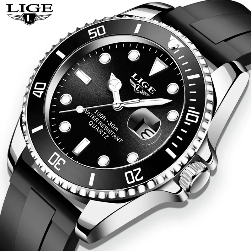LIGE Men Watch Silicone Strap Quartz Wristwatch Sport Waterproof Luminous Top Brand Luxury Watches for Men Relogio Masculino+Box