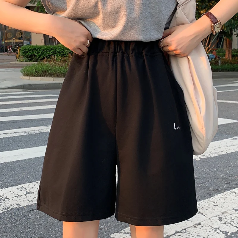 

Summer Outerwear Ins Black Casual Shorts Women's High Waist Thin Korean Style Loose All-Matching Drawstring Sports Wide-Leg