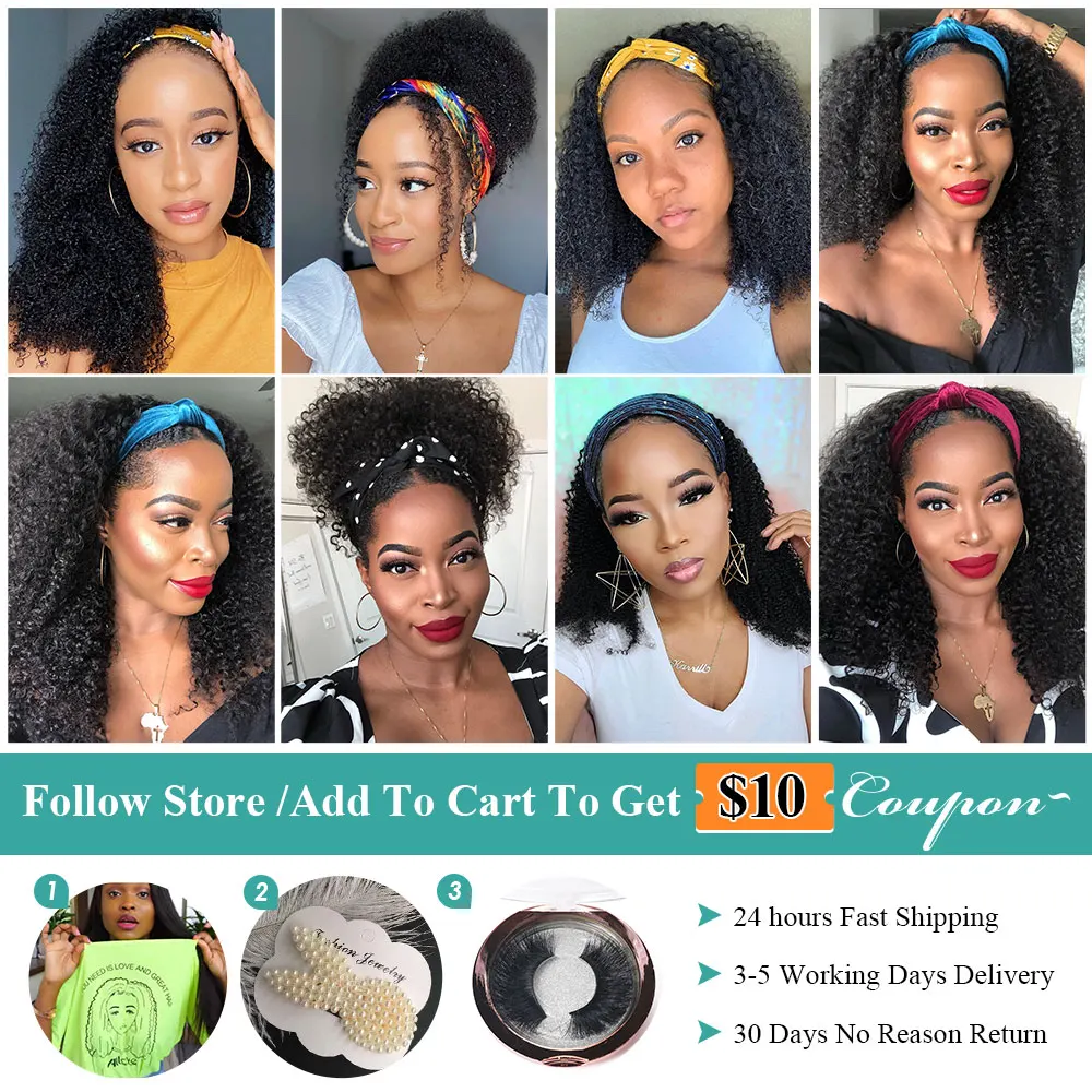 

Afro Kinky Curly Headband Wigs Brazilian Scarf Wig No Glueless Remy Curly Human Hair Wigs Full Machine Made Wig For Black Women