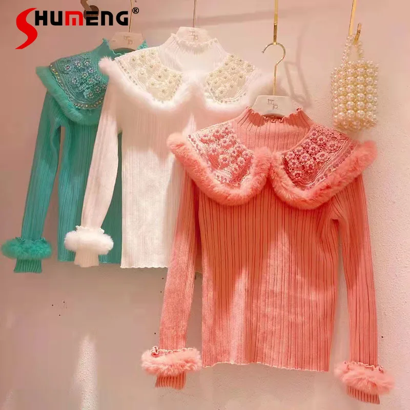 

2021 осень и зима милый кукольный воротник с бусинами женский свитер темпераментные розовые пушистые кружевные теплые свитера