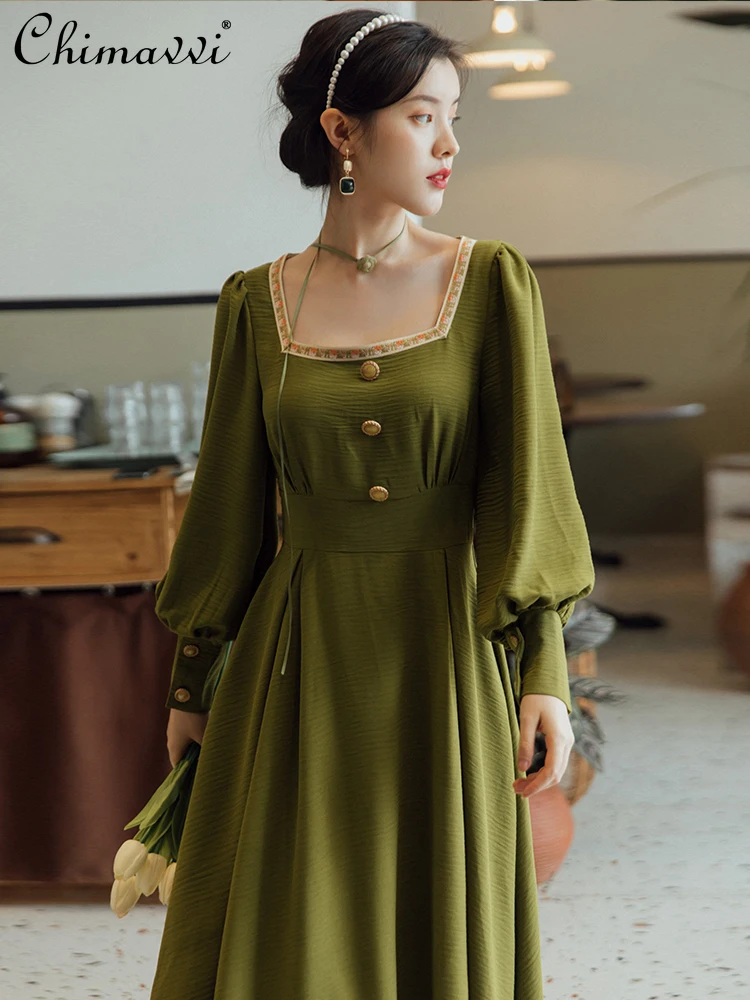 

Spring Women's Clothes 2021 New Design Retro Avocado Green Square Collar High Waist Dress Long Sleeve Slim A Line Dress