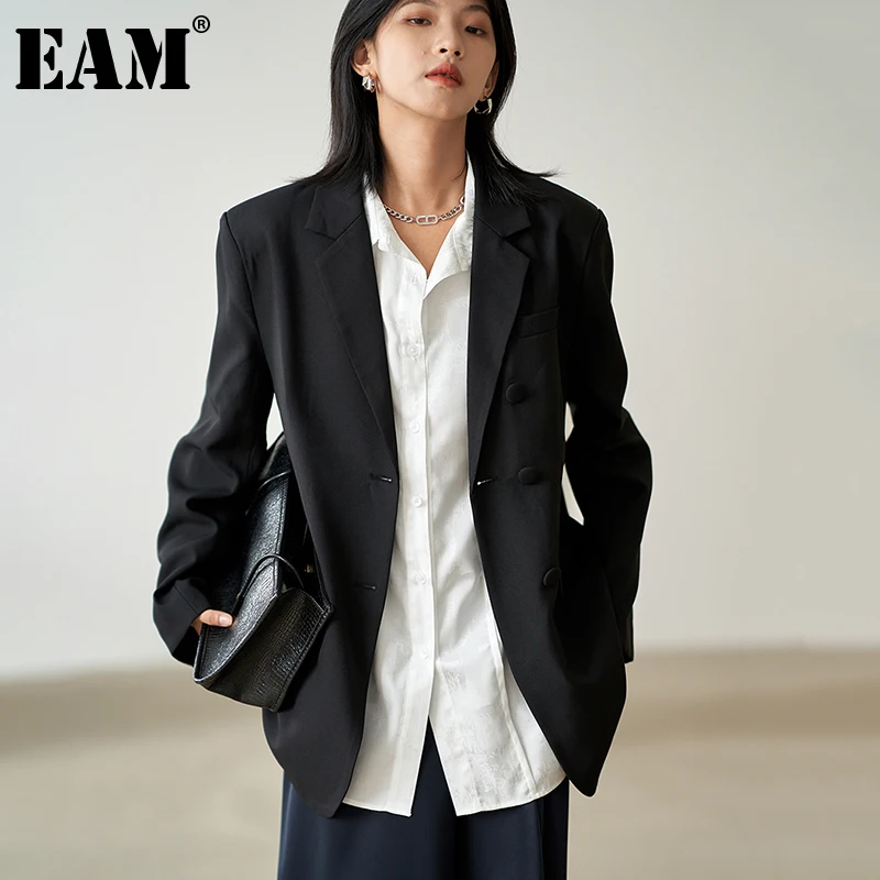 

[EAM] Women Black Apricot Brief Casual Blazer New Lapel Long Sleeve Loose Fit Jacket Fashion Tide Spring Autumn 2021 1DE3486