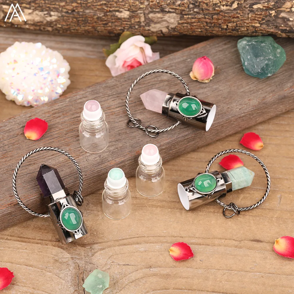 

Exquisite Women Roses Quartz Crystal Perfume Roller Bottle Pendant Chains Necklace Jewelry Women Essential Oil Bottle Jewelry