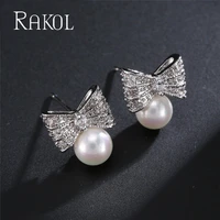 rakol 2021 new fashion luxury row cubic zirconia pearl stud earrings for women girl wedding party jewelry trend re129