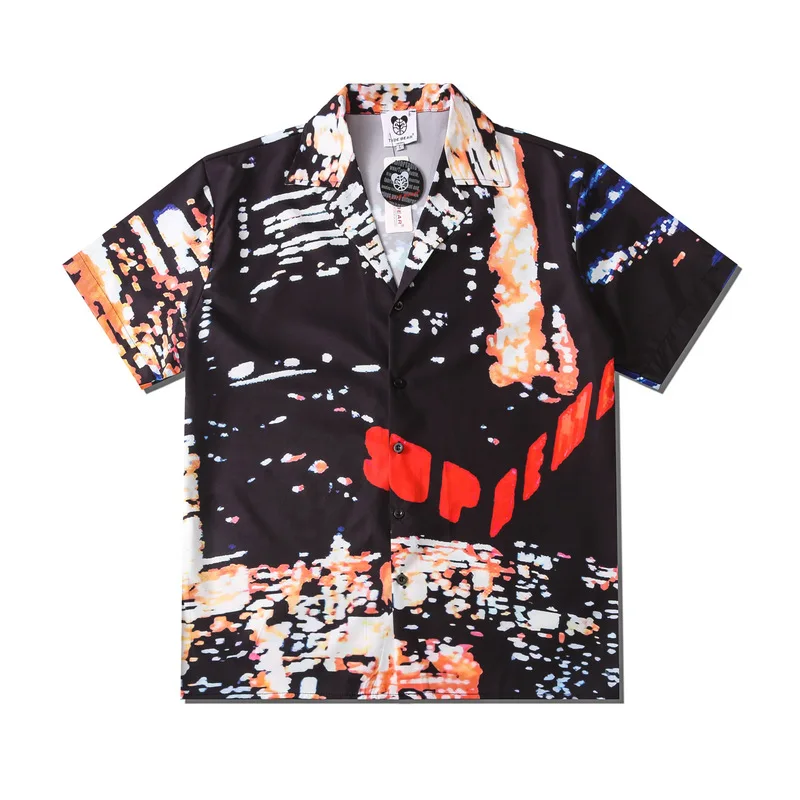 

Summer New Men Hip-Hop Fuzzy City Print Shirt Lovers Fashion Short Sleeve Cool Thin Loose Hawaiian Beach Harajuku Lapel Shirts