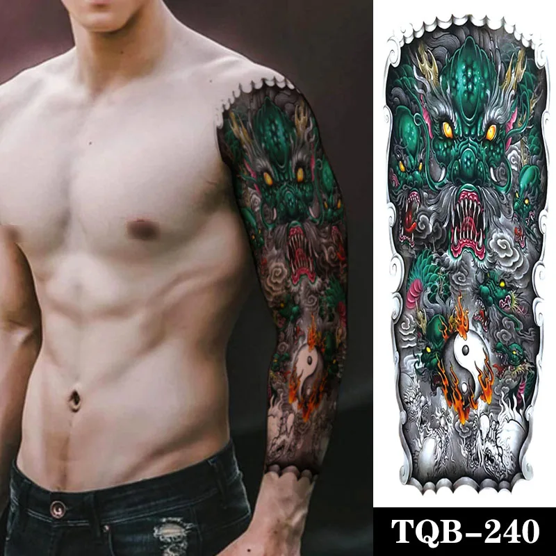 

Large Arm Sleeve Tattoo Qinglong Tai Chi Waterproof Temporary Tatoo Sticker Green Face Ghost Full Arm Totem Tatto for Womwen Men