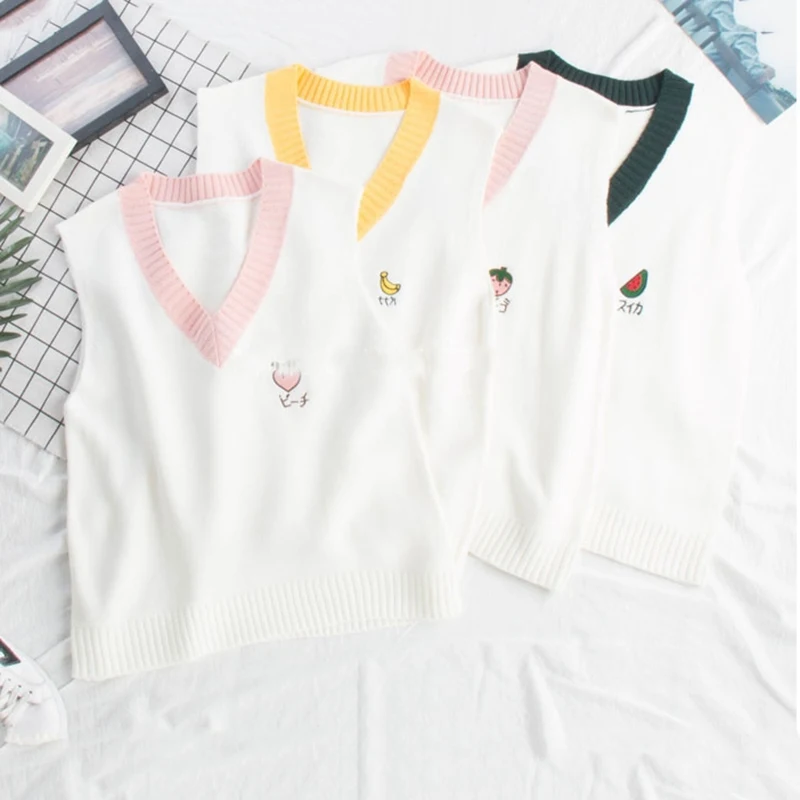 

Vest Women Knitted Tops Autumn 2020 Korean V-neck Loose Fruit Embroidery Womens Casual Student Kawaii Harajuku High Quality Girl
