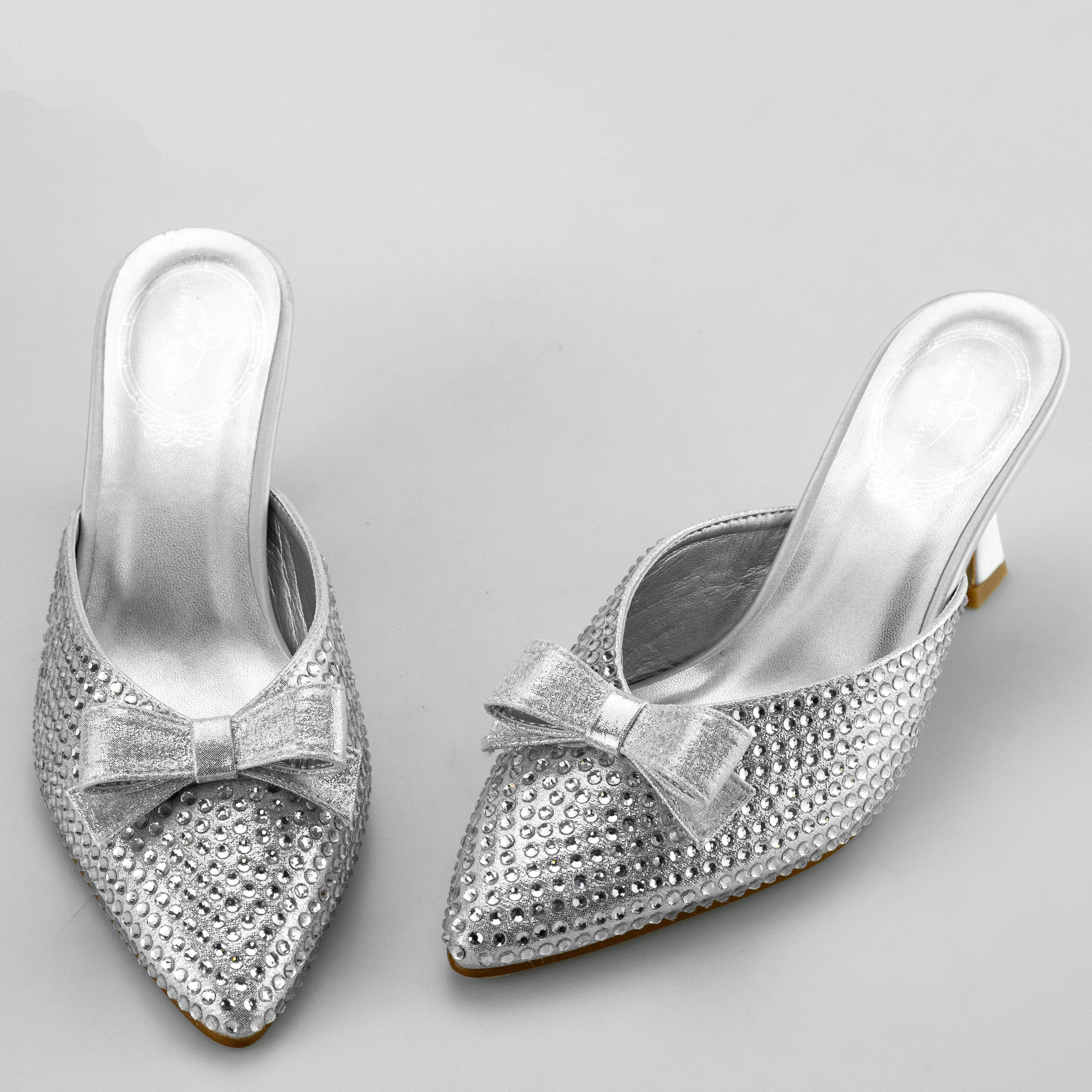 New Chic Female Shoes 577-3 Lady Footwear Gold Bowknot Black Green Silver Summer Pumps Thin Heels Silvery Women Mules Sandals