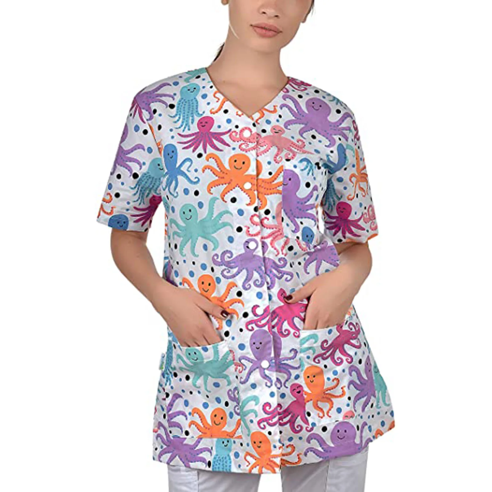 

Nurse Uniform Workwear Tops Blouse Printed T Shirt Scrubs Short Sleeve Pocket V Neck Cute Cartoon Breathable Nurse Uniform