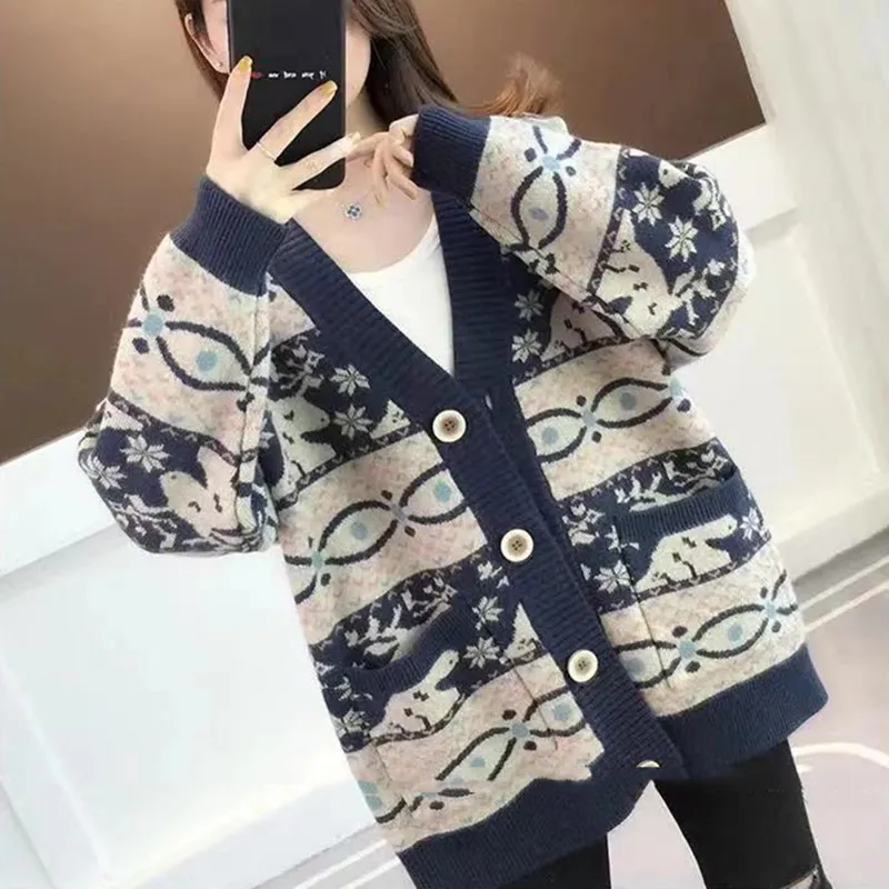

Women's Cardigan Sweater Autumn Casual Knitted Loose Printed Pocket Sweater Oversized Sweaters