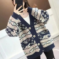 womens cardigan sweater autumn casual knitted loose printed pocket sweater oversized sweaters