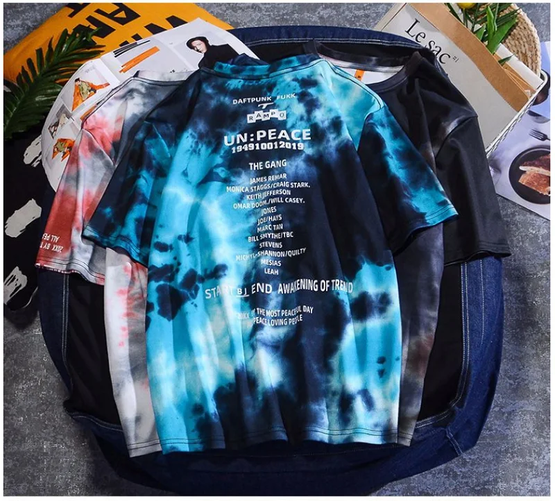 

My-Love Summer style Men T Shirt Hip Hop O Neck Short Sleeve Casual Ribbon Decoration Streetwear tie dye punk vetement Men Top