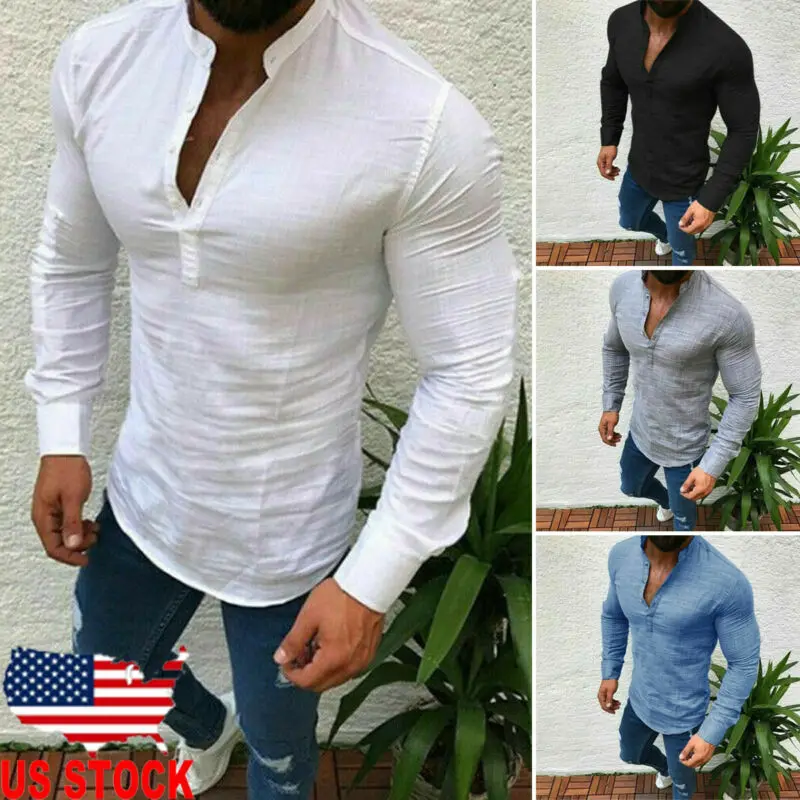 

2019 New Fashion Shirts Mens Slim Fit Long Sleeve Blouse Stylish Linen Men mandarin Neck Cotton Shirt Tops Tee plus size