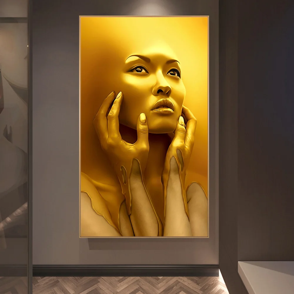 

Abstract Gold Sexy Woman Canvas Art Posters Golden Face Girl Canvas Paintings on the Wall Art Pictures For Living Room Cuadros