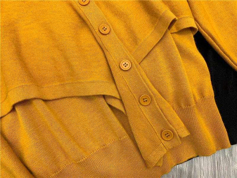 

Women Fake Two Piece Knitted Sweater Lady V-Neck Irregular Long Sleeve Single Breasted Knit Cardigan Female Knitwear Top 2021